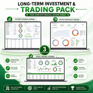 Puede incluir: Imagen promocional de un "Paquete de inversión y trading a largo plazo" con tres hojas de cálculo: Diario de trading de futuros, Rastreador de cartera de criptomonedas y Diario de trading de acciones. La imagen muestra datos financieros y gráficos.