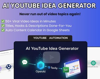 Op de afbeelding: Een digitale afbeelding die een AI YouTube Idea Generator promoot. De afbeelding bevat de tekst "AI YOUTUBE IDEA GENERATOR" en benadrukt functies zoals "50+ Viral Video Ideas in Minutes". Een scherm toont de logo's van OpenAI en Tavily, en een kalenderpictogram.