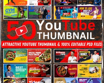 Más de 50 plantillas de miniaturas de YouTube: videojuegos, fitness y viajes (diseños editables)