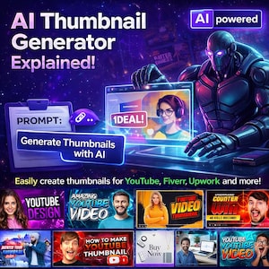 Może przedstawiać: Grafika promująca generator miniatur AI, z tekstem "AI Thumbnail Generator Explained!" i "Generate Thumbnails with AI." Obraz zawiera robota, laptopa wyświetlającego kobietę i przykłady miniatur YouTube. Obecny jest również tekst "Easily create thumbnails for YouTube, Fiverr, Upwork and more!"
