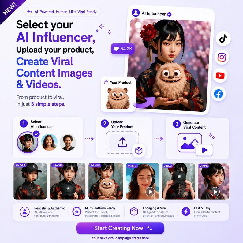 Puede incluir: Gr&aacute;fico promocional con el texto "Selecciona tu Influencer de IA, Sube tu producto, Crea im&aacute;genes y videos virales". El gr&aacute;fico muestra a una mujer con una flor en el pelo sosteniendo un peluche e iconos de redes sociales.