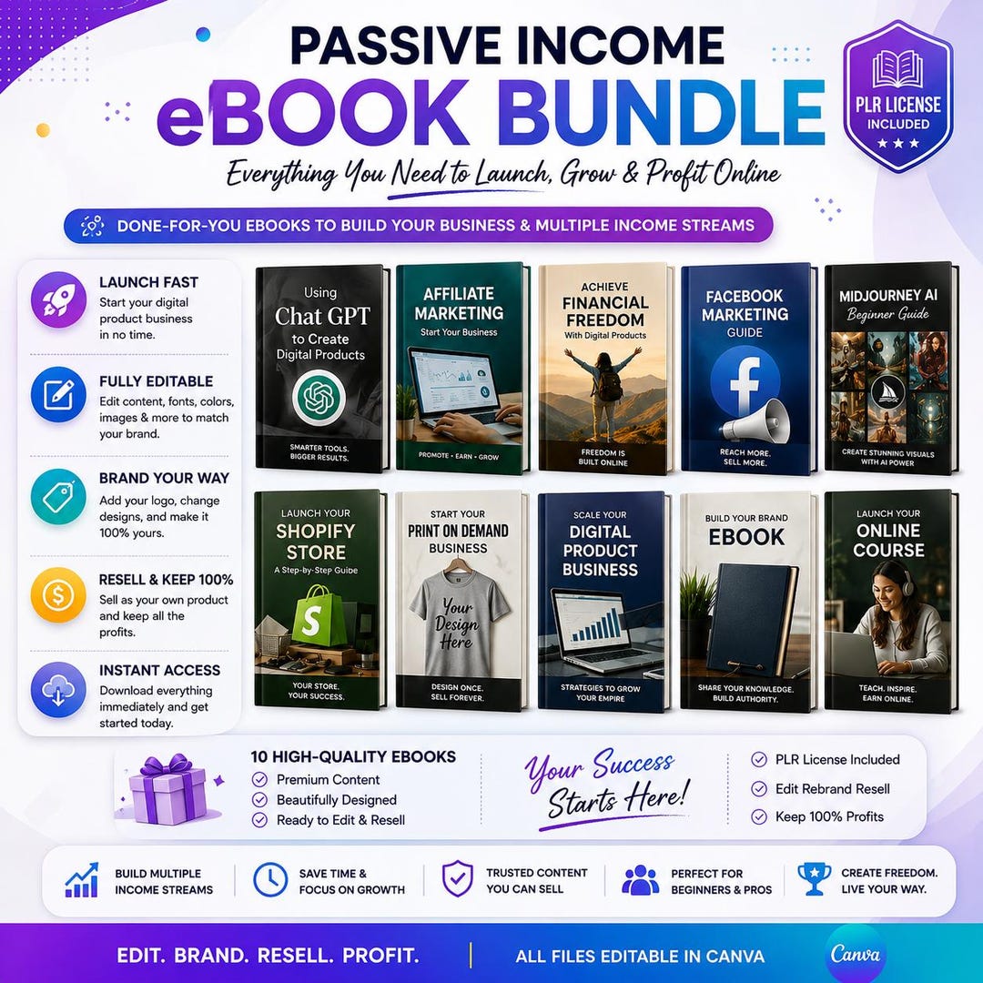 Canva PLR eBooks Bundle | Editable Digital Products | AI, Shopify, ChatGPT & Marketing Gui