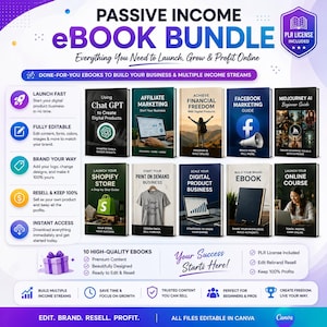 May include: A digital product bundle featuring ten editable e-books with titles including Using Chat GPT, Affiliate Marketing, Financial Freedom, Facebook Marketing, Midjourney AI, Shopify Store, Print on Demand, Digital Product Business, Ebook, and Online Course.