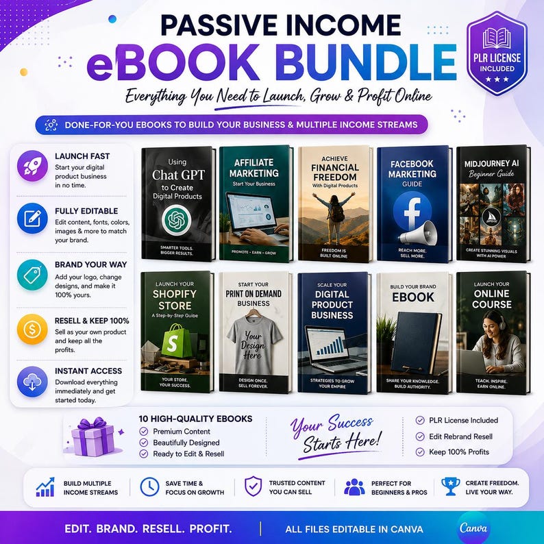 May include: A digital product bundle featuring ten editable e-books with titles including Using Chat GPT, Affiliate Marketing, Financial Freedom, Facebook Marketing, Midjourney AI, Shopify Store, Print on Demand, Digital Product Business, Ebook, and Online Course.