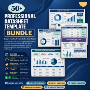 Puede incluir: Un paquete de más de 50 plantillas de hojas de datos profesionales. La imagen muestra varios paneles para ventas, marketing y datos financieros. El diseño incluye gráficos e indicadores clave de rendimiento (KPI) para informes y análisis empresariales.