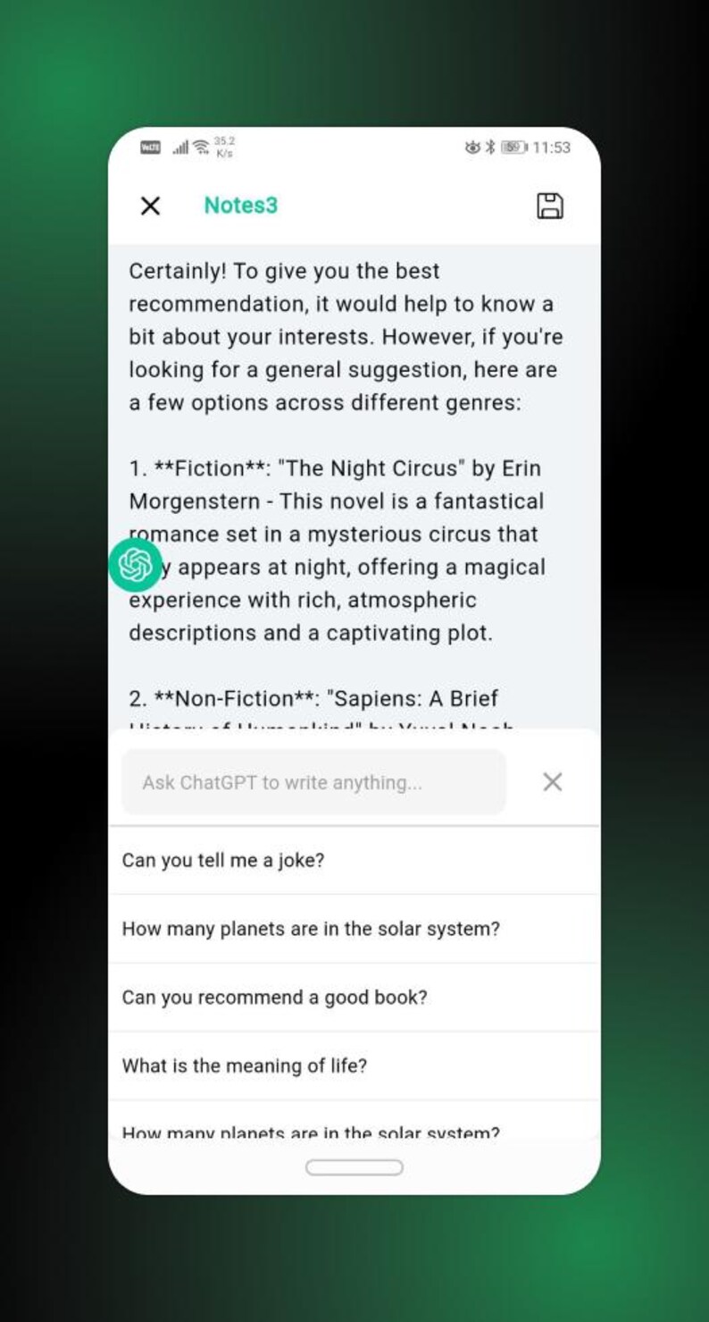 Może przedstawiać: Zrzut ekranu urządzenia mobilnego wyświetlający interfejs czatu z tekstem. Tekst zawiera rekomendacje książek, takie jak "The Night Circus" i "Sapiens". Interfejs zawiera r&oacute;wnież monit o zadanie pytania do ChatGPT.