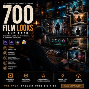 Peut inclure: Image promotionnelle pour un pack LUT de looks de films. La photo montre une personne avec un casque travaillant sur un ordinateur, l'écran affichant des étalonnages de couleurs cinématographiques. Le texte indique "700 Film Looks" et "Cinematic Luts for Filmmakers & Content Creators."