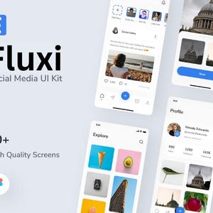 Puede incluir: Una maqueta de interfaz de aplicación móvil para una plataforma de redes sociales. La aplicación tiene un fondo blanco con acentos azules. La aplicación presenta una página de perfil, una página de exploración y una página de publicación. La aplicación también presenta una barra de búsqueda, una campana de notificación y un botón más.