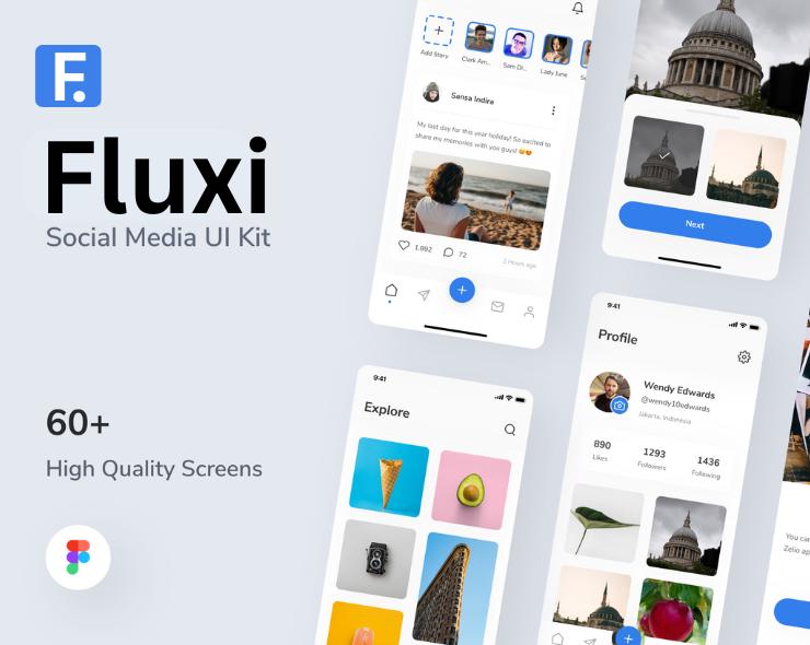 Kit de interfaz de usuario de aplicación de redes sociales iOS limpio y moderno de Fluxi para Figma, kit de interfaz de usuario móvil, diseño de UXUI, sistema de diseño de Figma, maquetas de aplicaciones de redes sociales,