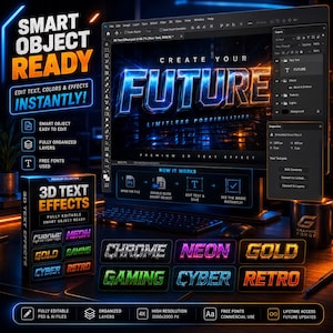 May include: A digital art display showcasing a 3D text effect. The screen displays the word "FUTURE" in a vibrant, glowing style. The image also features a product box labeled "3D Text Effects" with various text styles like "Chrome" and "Neon".