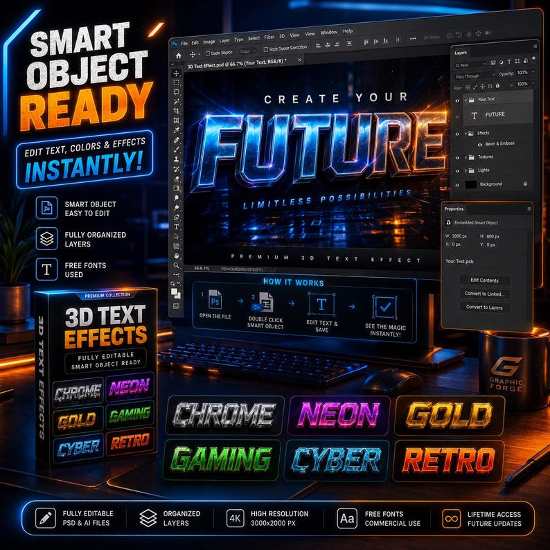 May include: A digital art display showcasing a 3D text effect. The screen displays the word "FUTURE" in a vibrant, glowing style. The image also features a product box labeled "3D Text Effects" with various text styles like "Chrome" and "Neon".