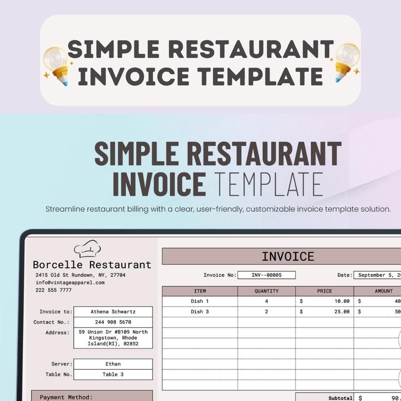 Simple Restaurant Invoice Template: Customizable Spreadsheet - Etsy