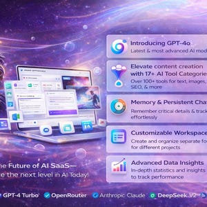 May include: A digital illustration promoting AI SaaS. A futuristic figure stands beside a laptop displaying software interfaces. Text highlights features like GPT-4o, content creation tools, and advanced data insights. The background is a swirling purple and blue nebula.