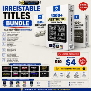Può includere: Un pacchetto di prodotti digitali intitolato Irresistible Titles Bundle 2025 Edition, contenente oltre 1200 titoli animati, oltre 100 animazioni di titoli di codifica e una licenza di rivendita. Il grafico mostra icone di compatibilità software.