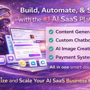 Könnte beinhalten: Ein digitales Bild, das eine KI-SaaS-Plattform bewirbt. Es zeigt einen Roboter, einen Laptop mit einem Dashboard und Icons für Content-Erstellung, Chatbots, KI-Bilderstellung und Zahlungssysteme. Der Text lautet "Build, Automate, & Scale".