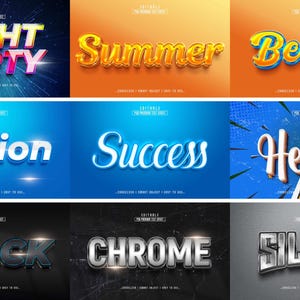 May include: A collection of nine distinct graphic text effects featuring various styles including Night Party, Summer, Beach, Motion, Success, Hello, Black, Chrome, and Silver. Each design showcases unique typography, color palettes, and lighting.