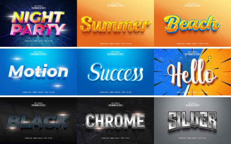 May include: A collection of nine distinct graphic text effects featuring various styles including Night Party, Summer, Beach, Motion, Success, Hello, Black, Chrome, and Silver. Each design showcases unique typography, color palettes, and lighting.
