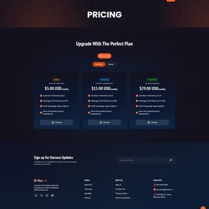 May include: A website page with the title "PRICING" in white text. The page displays three pricing plans: Basic, Advance, and Enterprise, each with monthly costs in USD. The plans detail features like channel connections, comment management, and support.