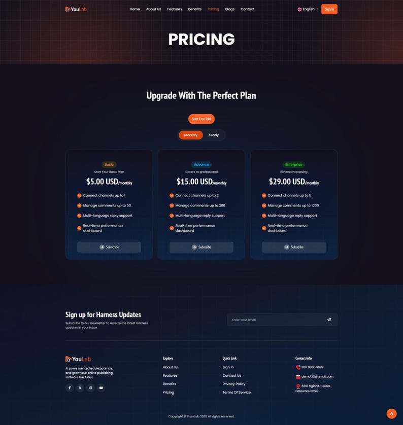 May include: A website page with the title "PRICING" in white text. The page displays three pricing plans: Basic, Advance, and Enterprise, each with monthly costs in USD. The plans detail features like channel connections, comment management, and support.