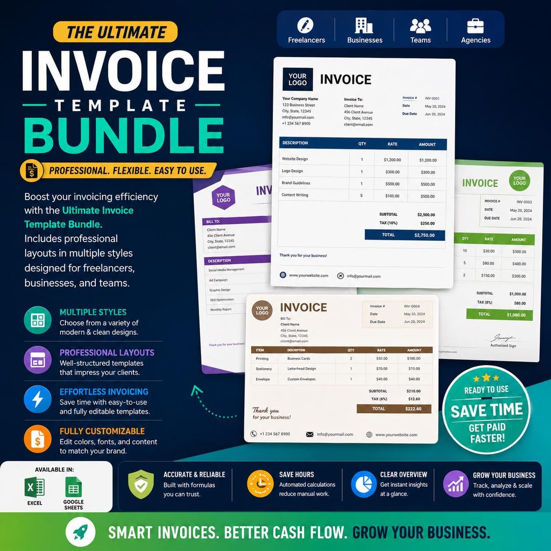 Invoice Template Bundle | Excel & Google Sheets Invoices | Editable ...