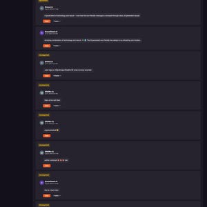 May include: A dark-themed webpage with a video comment section. The interface features a black background with white text and orange accents. Comments are displayed in a list, with reply buttons and user information.