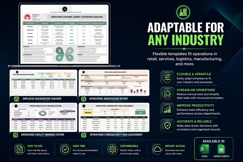 May include: A laptop displays business templates for various operations, including employee recognition and cybersecurity risk assessment. The image highlights the adaptability of the templates for different industries, with features like streamlining operations and improving productivity.