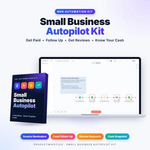 Può includere: Il kit di automazione N8N Small Business Autopilot Kit presenta una scatola di prodotto digitale e uno schermo di computer portatile che mostra un flusso di lavoro automatizzato per i solleciti di fattura. L'interfaccia include icone per solleciti, follow-up, recensioni e cassa.