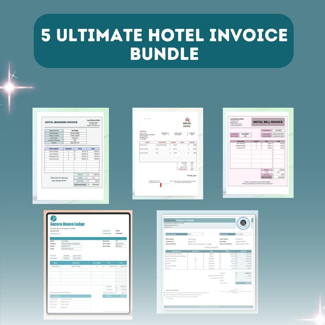 5 Ultimate Hotel Invoice Bundle, Excel Invoice Template, Excel Invoice