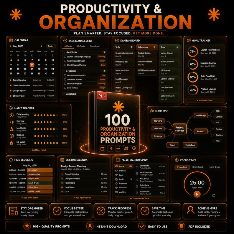 May include: A digital productivity and organization dashboard featuring a central PDF icon labeled 100 Productivity & Organization Prompts. The interface includes a calendar, task management, kanban board, goal tracker, habit tracker, mind map, time blocking, meeting agenda, email management, and focus timer in a dark theme with orange text.