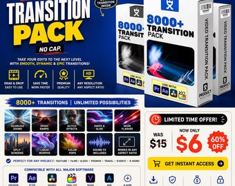 8K Video Transitions Bundle | Premiere Pro, After Effects, DaVinci Resolve & Final Cut Pro | Cinematic Editing Pack,  Zoom, Glitch, Swipe