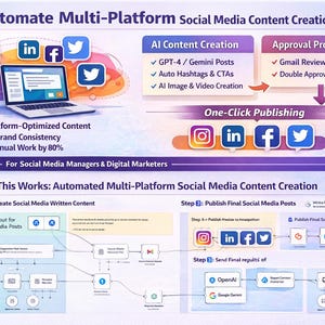 Peut inclure: Infographie sur la création automatisée de contenu multiplateforme pour les médias sociaux avec l'IA. L'image présente un ordinateur portable, des icônes de médias sociaux et des schémas de flux de travail. Le texte comprend "Créer du contenu optimisé pour la plateforme" et "Réduire le travail manuel de 80 %."