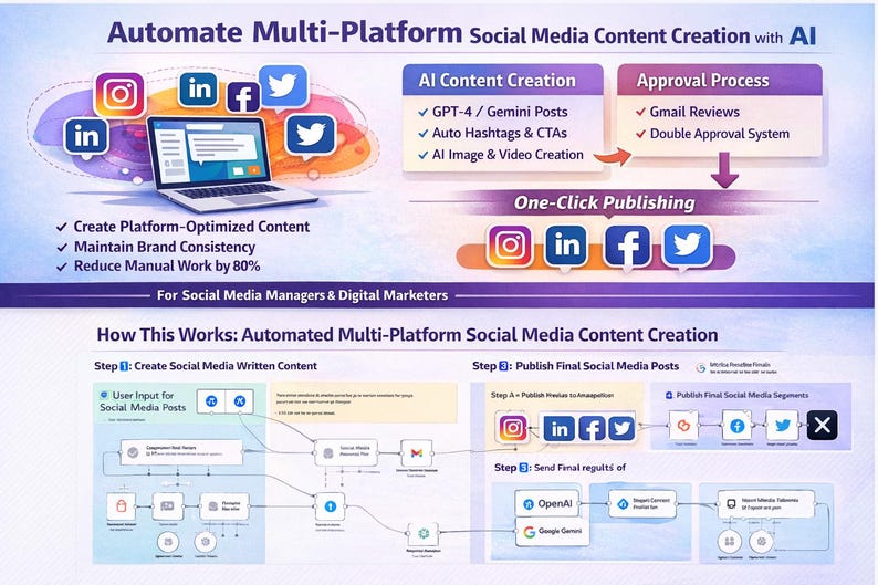 K&ouml;nnte beinhalten: Infografik zur automatisierten Erstellung von Social-Media-Inhalten f&uuml;r mehrere Plattformen mit KI. Das Bild zeigt einen Laptop, Social-Media-Symbole und Workflow-Diagramme. Der Text enth&auml;lt "Plattformoptimierte Inhalte erstellen" und "Manuelle Arbeit um 80 % reduzieren".