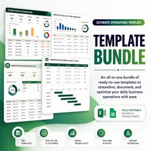 Puede incluir: Un paquete de plantillas digitales con gráficos para operaciones comerciales. La imagen incluye el texto "ULTIMATE OPERATIONS TEMPLATE" y "TEMPLATE BUNDLE". También presenta iconos para facilitar el uso, la productividad y la descarga instantánea.