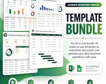 Può includere: Un pacchetto di modelli digitali con grafici per le operazioni aziendali. L'immagine include il testo "ULTIMATE OPERATIONS TEMPLATE" e "TEMPLATE BUNDLE". Presenta anche icone per facilità d'uso, produttività e download immediato.