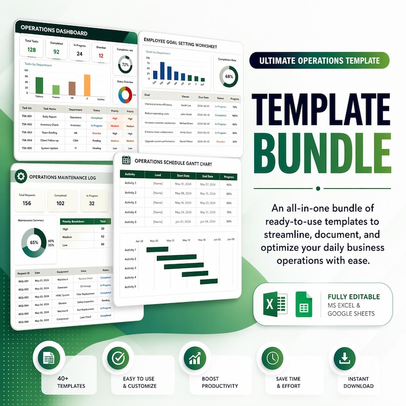 May include: A digital template bundle with charts and graphs for business operations. The image includes the text "ULTIMATE OPERATIONS TEMPLATE" and "TEMPLATE BUNDLE". It also features icons for ease of use, productivity, and instant download.