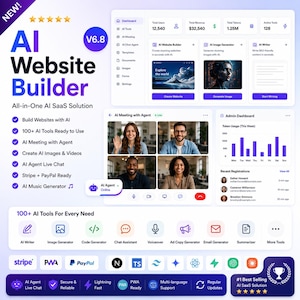 May include: A digital graphic promoting an AI website builder. The design features a clean, modern layout with a purple and white color scheme. It highlights features like AI tools, image generation, and live chat. The text includes "AI Website Builder" and "All-in-One AI SaaS Solution."