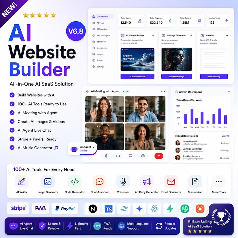 Puede incluir: Un gr&aacute;fico digital que promociona un creador de sitios web de IA. El dise&ntilde;o presenta un dise&ntilde;o limpio y moderno con una combinaci&oacute;n de colores p&uacute;rpura y blanco. Destaca funciones como herramientas de IA, generaci&oacute;n de im&aacute;genes y chat en vivo. El texto incluye "AI Website Builder".
