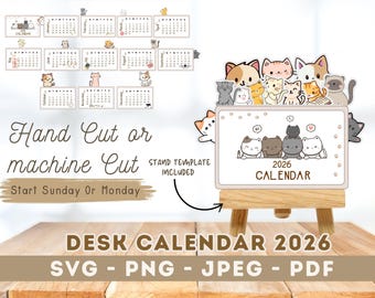 Calendario de escritorio de gato 2026 imprimible / Calendario de escritorio de gato lindo / Calendario de pie DIY / SVG PNG PDF / Descarga instantánea