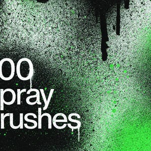 May include: A digital art graphic with a black and green spray paint effect. The text "200 Spray Brushes" is in white, with a Photoshop logo and "4K" in green. The background has a splattered paint design.