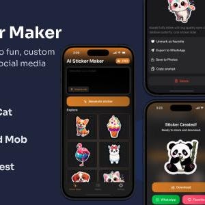 May include: An advertisement for the "AI Sticker Maker" app, demonstrating its functionality on several smartphones. The app enables users to design bespoke stickers for messaging and social platforms. The interface is presented in black and orange, with example stickers.