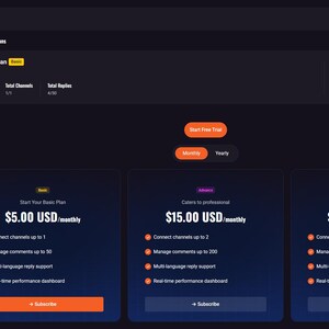 May include: A dark-themed website interface with subscription plan options. The plans are displayed in blue boxes with orange "Subscribe" buttons. The plans are priced at $5.00, $15.00, and $29.00 monthly.