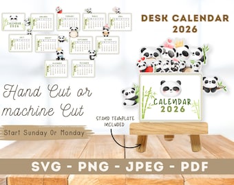 2026年版パンダ卓上カレンダー（印刷可能）｜かわいいパンダカレンダー｜DIYスタンディング卓上カレンダー｜SVG・PNG・PDF｜すぐにダウンロード
