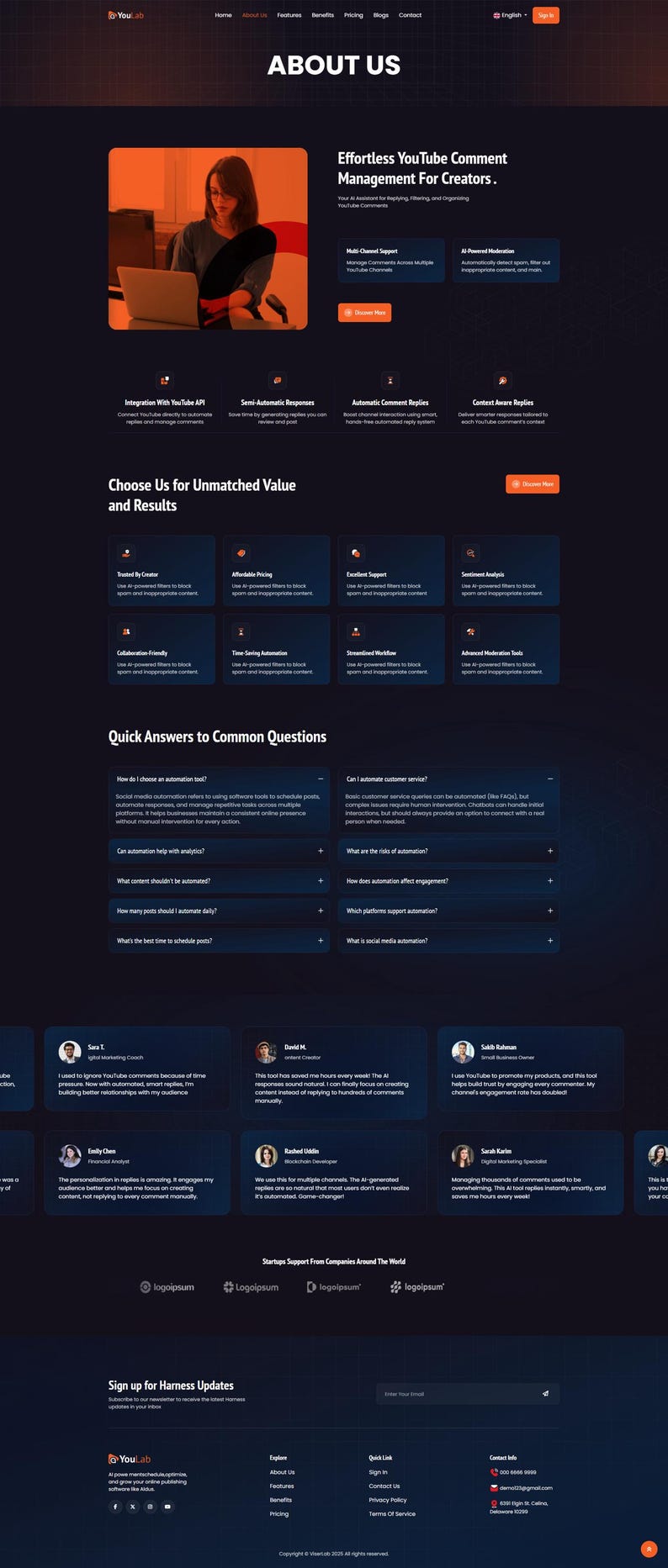 May include: A dark-themed website landing page for YouLab featuring an About Us section, YouTube comment management tools, feature descriptions, customer testimonials, and a footer with contact information and navigation links.