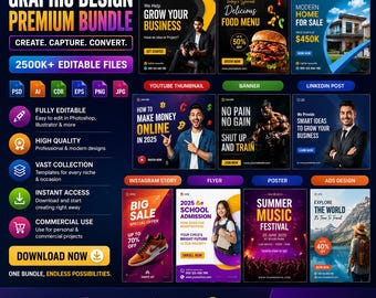 Graphic Templates Bundle | Canva, Photoshop & Illustrator Templates | Social Media Kit | Marketing Design Assets,  PSD, Marketing Templates