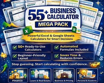 55 Calculator Excel Templates Bundle | Financial, Loan, ROI, Pricing Calculators | Excel & Google Sheets Spreadsheet Pack