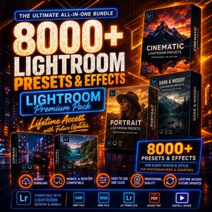 May include: A promotional image for a Lightroom Presets & Effects bundle. The image features the text "8000+ Lightroom Presets & Effects" and includes several product boxes labeled "Cinematic", "Dark & Moody", "Portrait", "Urban", and "Travel".