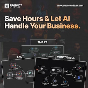 Pode incluir: Um an&uacute;ncio da Product Whistles, com o texto "Economize horas e deixe a IA cuidar do seu neg&oacute;cio". A imagem inclui diagramas rotulados como "SMART", "FAST" e "MONETIZABLE", mostrando solu&ccedil;&otilde;es de neg&oacute;cios baseadas em IA.