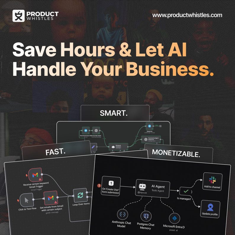 Pode incluir: Um an&uacute;ncio da Product Whistles, com o texto "Economize horas e deixe a IA cuidar do seu neg&oacute;cio". A imagem inclui diagramas rotulados como "SMART", "FAST" e "MONETIZABLE", mostrando solu&ccedil;&otilde;es de neg&oacute;cios baseadas em IA.
