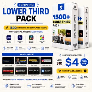 May include: A digital product bundle titled Tempting Lower Third Pack featuring 1500 templates for video editing software including After Effects, Premiere Pro, DaVinci Resolve, and Final Cut Pro, displayed on white boxes with blue and black text.