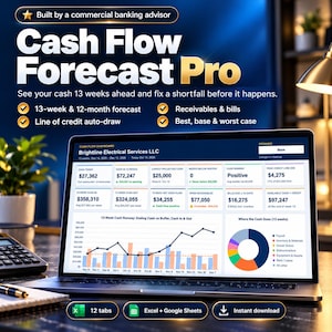 May include: A laptop screen displays the Cash Flow Forecast Pro dashboard for Brightline Electrical Services LLC, featuring financial metrics, a 13-week cash runway line graph, and a pie chart showing expense categories like payroll and inventory.